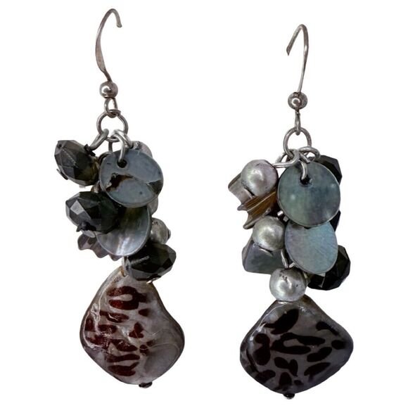 Vintage Cheetah Print Glass Cluster Dangle Earrings 2.5" Pearl Shell - Picture 1 of 9